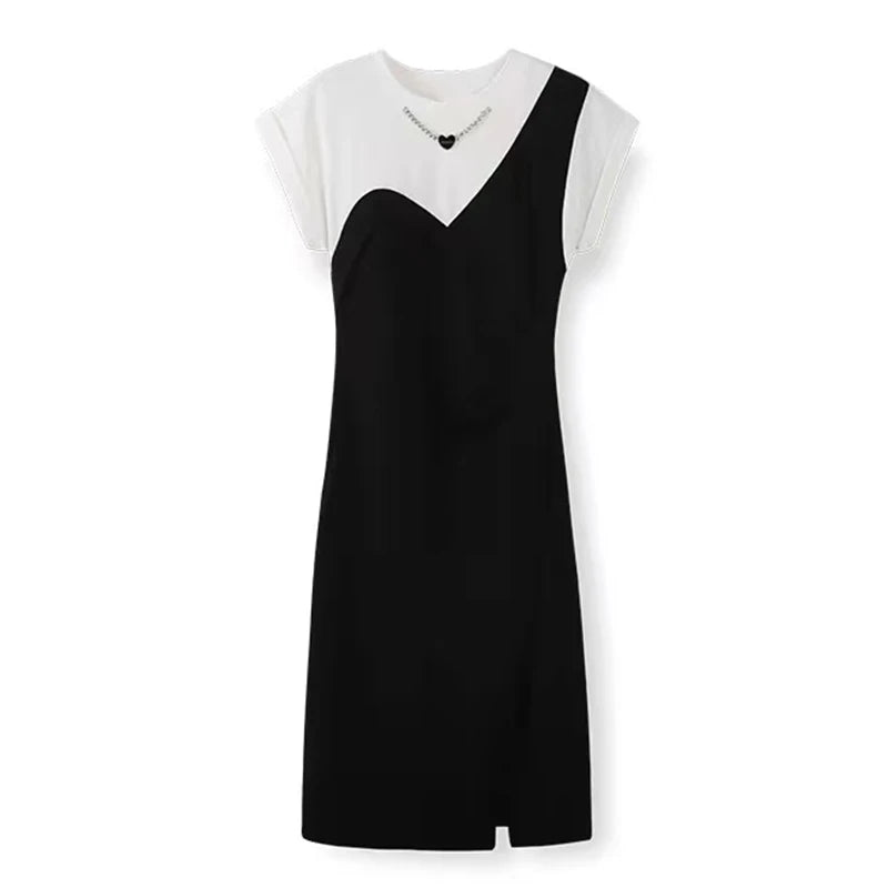 Women's Dress Casual Color Combination Washable Short-sleeved Dress for Girls Loose Dress