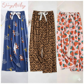 Women Comfortable Stretchy Home Pants Floral Printed Lounge Pajama Pants Knitting High Waist Loose Summer Women Pajama Pants