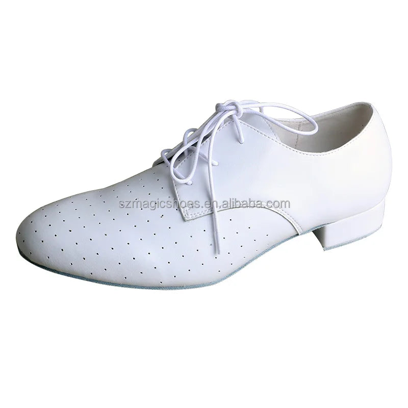 Personalized White Leather Ballroom Dance Shoes Men Soft Sole
