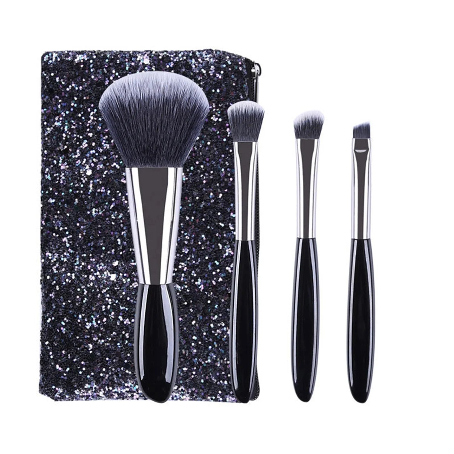 Black Cobblestone Cosmetic Set Eye Shadow Foundation Portable 4pcs Makeup Brushes Set with Glitter Bag