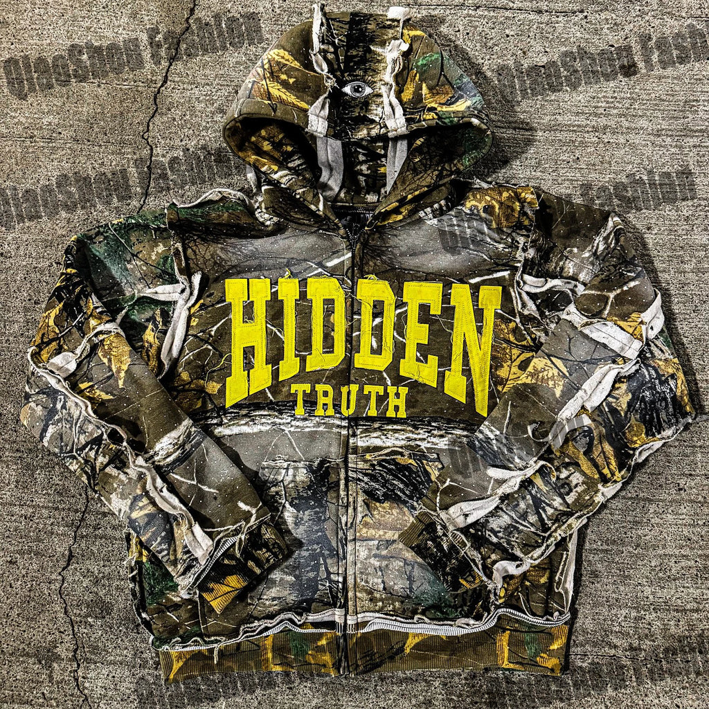2025 New Design Camouflage Embroidery Applique Patch Letter Sweatshirt Hoodie Acid Wash Rhinestone Zip up Hoodie