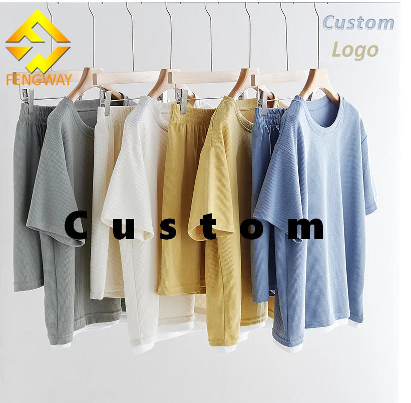 Fengway Custom Waffle Women Summer Solid Polyester Casual Suit Short Sleeve T-Shirts Shorts Set Quick Dry Breathable 2 Piece