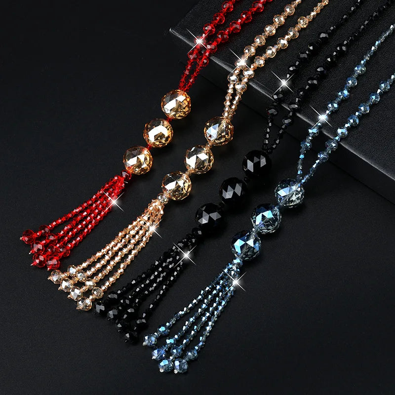 Women's Trendy Long Tassel Crystal Beads Necklace Glaring Glass Bead Sweater Chain for Parties Weddings Gifts
