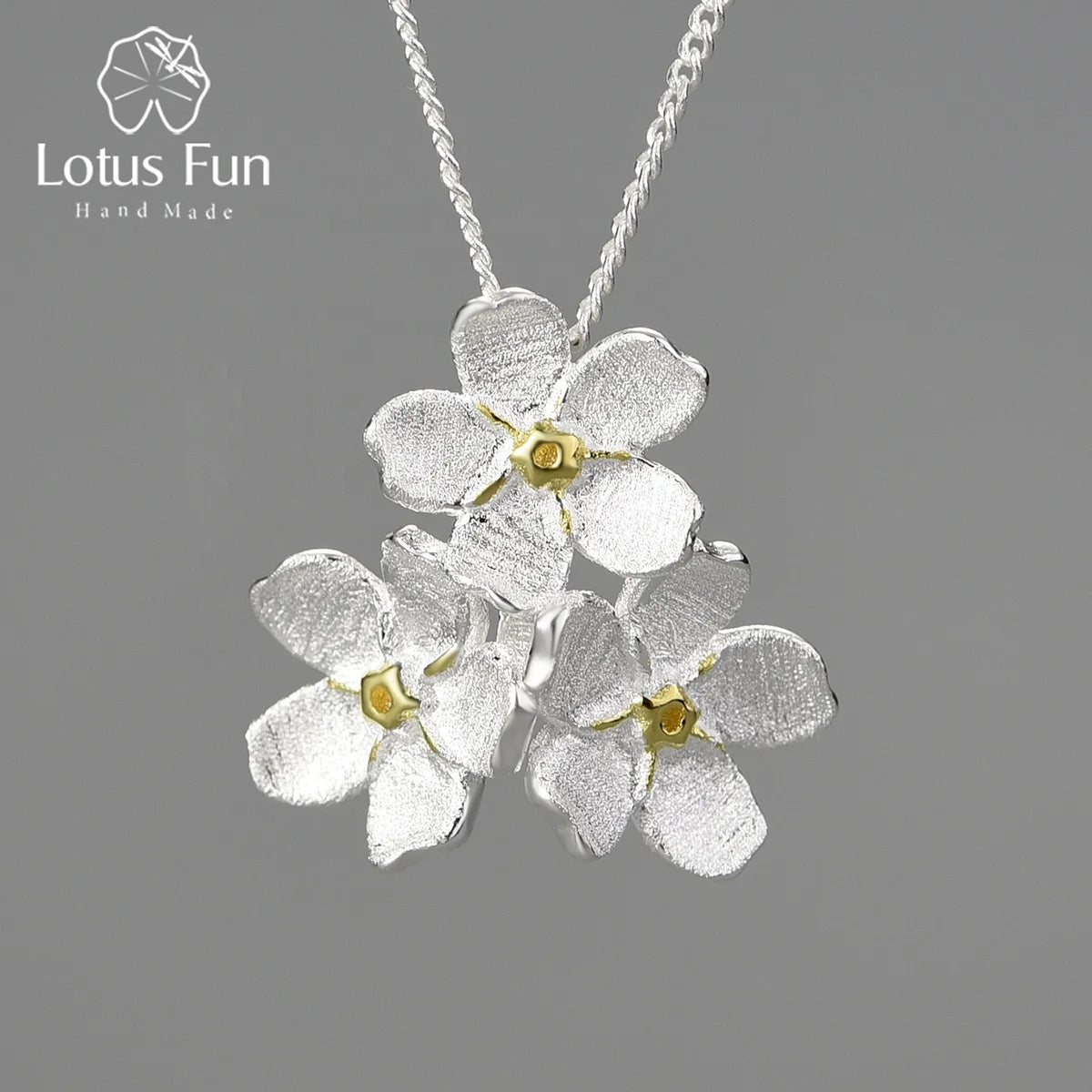 LotusFun Wholesale 18k Gold Plated 925 Sterling Silver Pendant  Necklace Forget-me-not Flower Original Design Women Fine Jewelry
