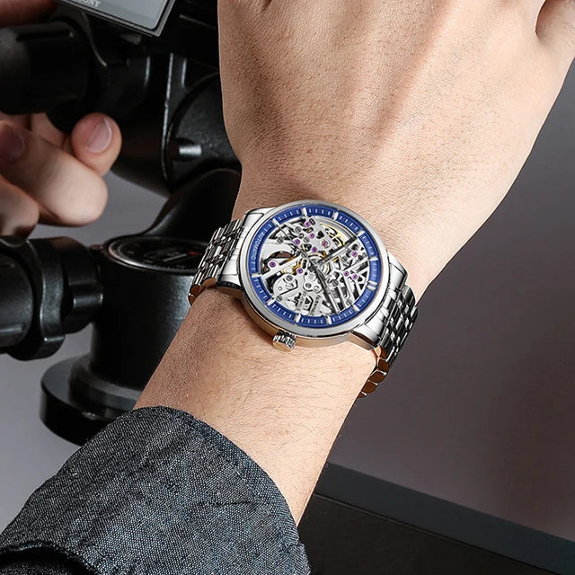 Men Skeleton Luxury Waterproof Diamond Dial Wrist Watches Mechanical Automatic Self-winding Stainless Steel Watches for Men