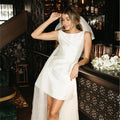 #15083 Real Photos Simple Short Sheath Boat Neck Wedding Dress Sleeveless Backless Belt Bow Stain Bridal Gown Even Party Skirt