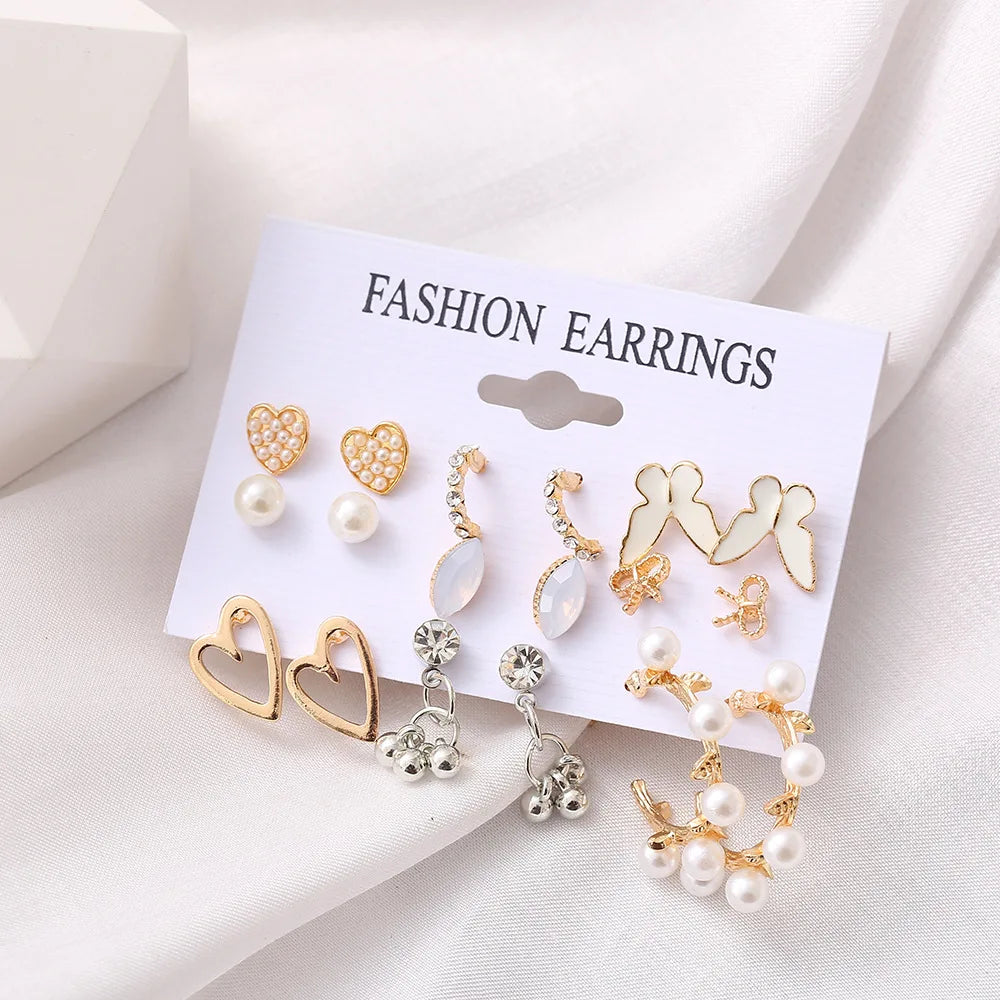 9 Pairs of Creative Acrylic Butterfly Cutout Heart Earrings Women Pearl Butterfly Pearl Ear Hoop Diamond Earrings