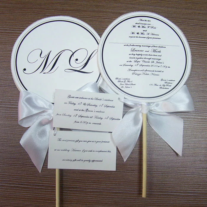 Creative Personalized Hand Fan Program Menu Card with Stick  Photo Venue Printing White Ribbon Paper Hanging Tag Foil Initials