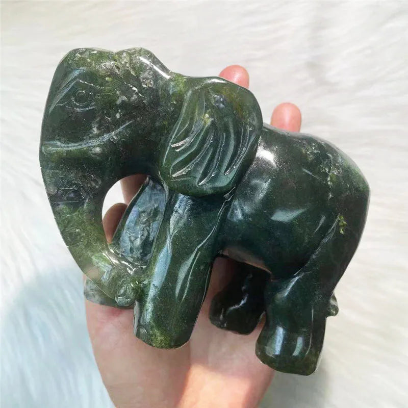 Moss Agate Crystal Elephant Statue Natural Hand Carved Moss Agate Crystal Elephant for Home Decoration