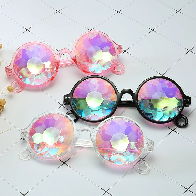 Round Kaleidoscope Sun Glasses Diffracted Colorful Women Crystal Fun Party Festival Sunglasses