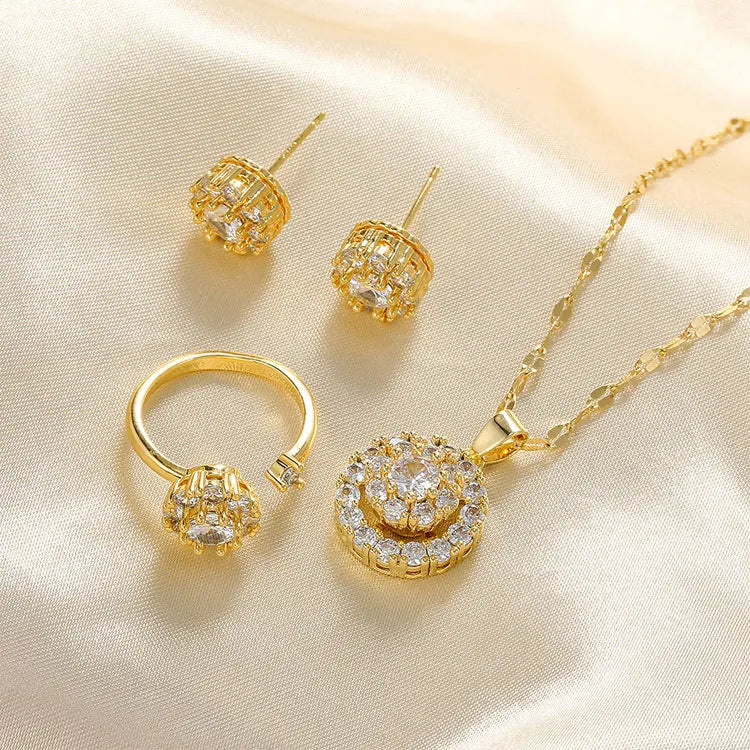 SC Hot Sale Flash Zircon Rotating Necklace Women 18K Gold Plated Stainless Steel Spinning Necklace Earrings Rings Jewelry Set