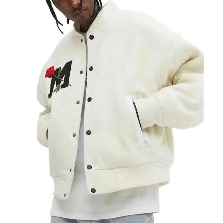 Custom Windbreaker Cotton Rose Embroidery Fleece Baseball Letterman Varsity Jacket for Men