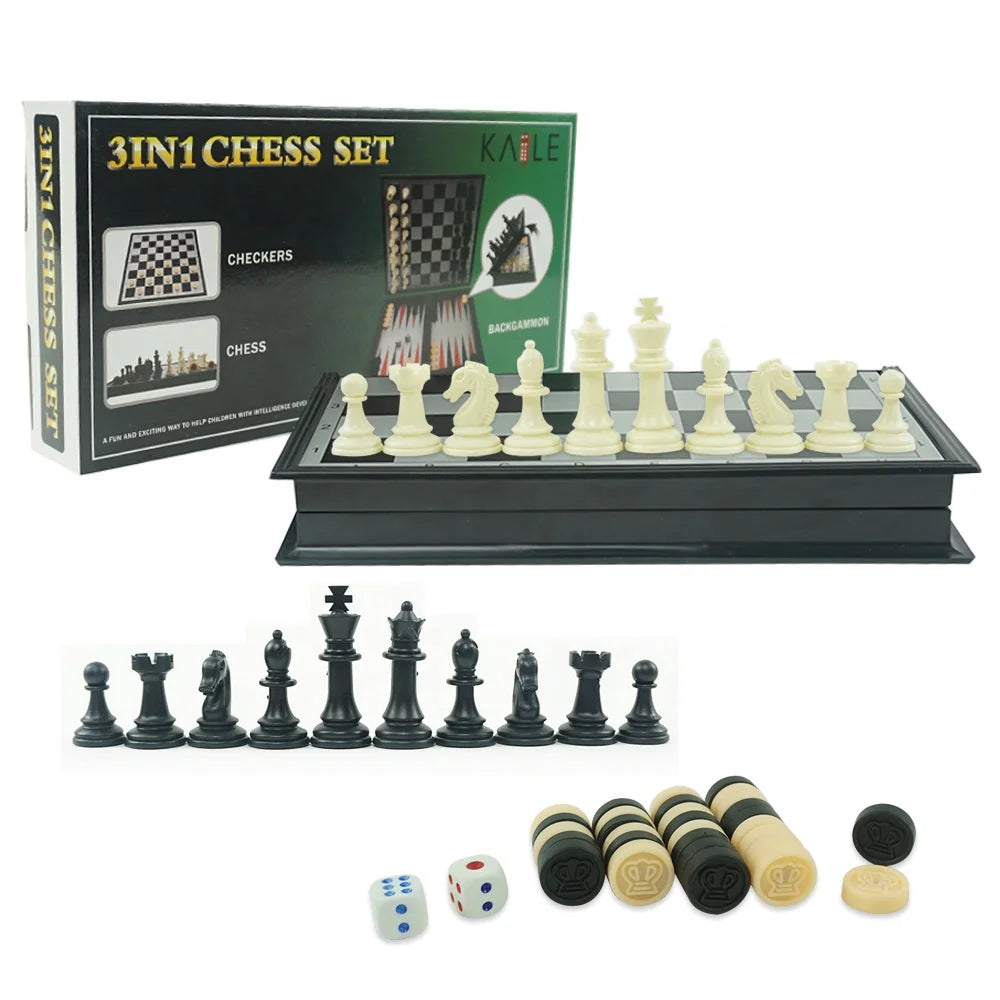 Ready to Ship 3 in 1 Magnetic Chess and Backgammon Game Set Foldable Chess Board Box for Playing Table Game