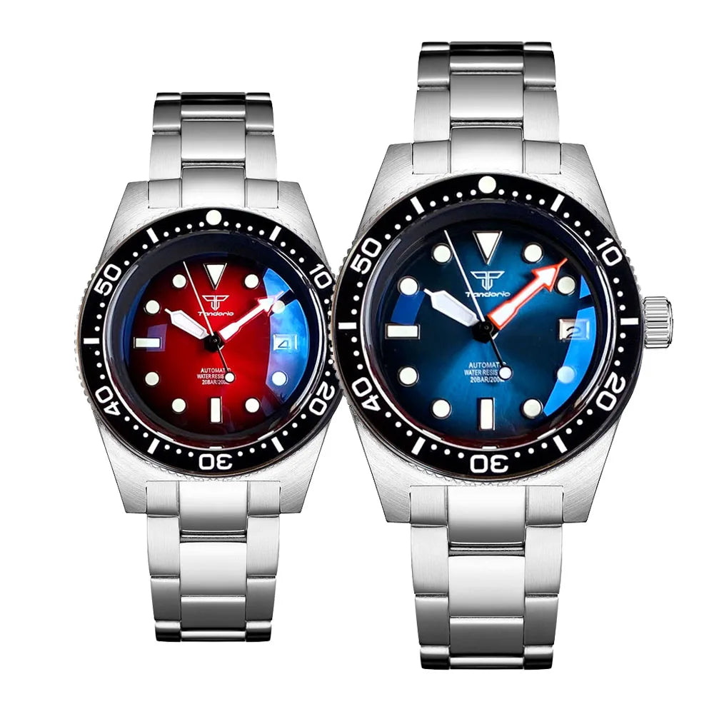 Tandorio AR Sapphire 62mas Diving Mechanical Watch Men Sunburst Red/Blue Dial NH35 Movt Steel Bracelet 120click Bezel Reloj 200M