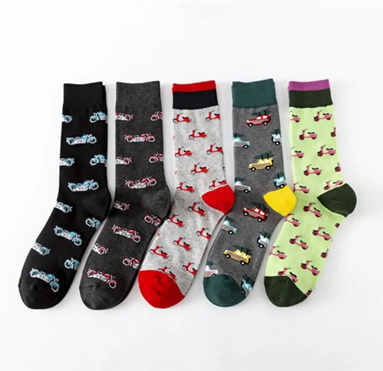 Custom logo Men Crew Socks Black Grey  Green Colorful Car Motorcycle Cartoon Socks Fashion Cotton Socks for Men
