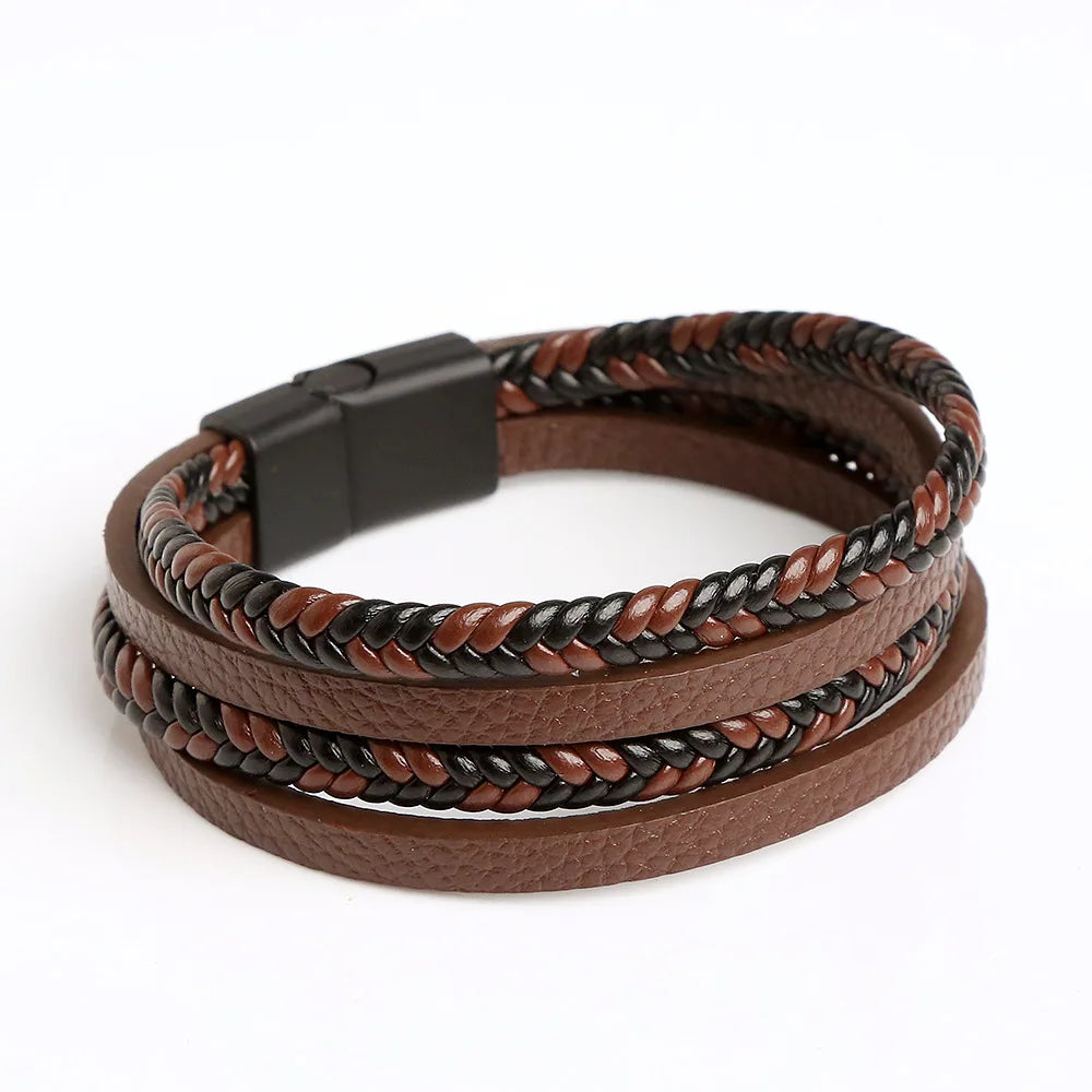 Popular Cheap Wholesale Price Customized Engraved Logo Woven Leather Rope Wrap Classic Men's Leather Bracelet