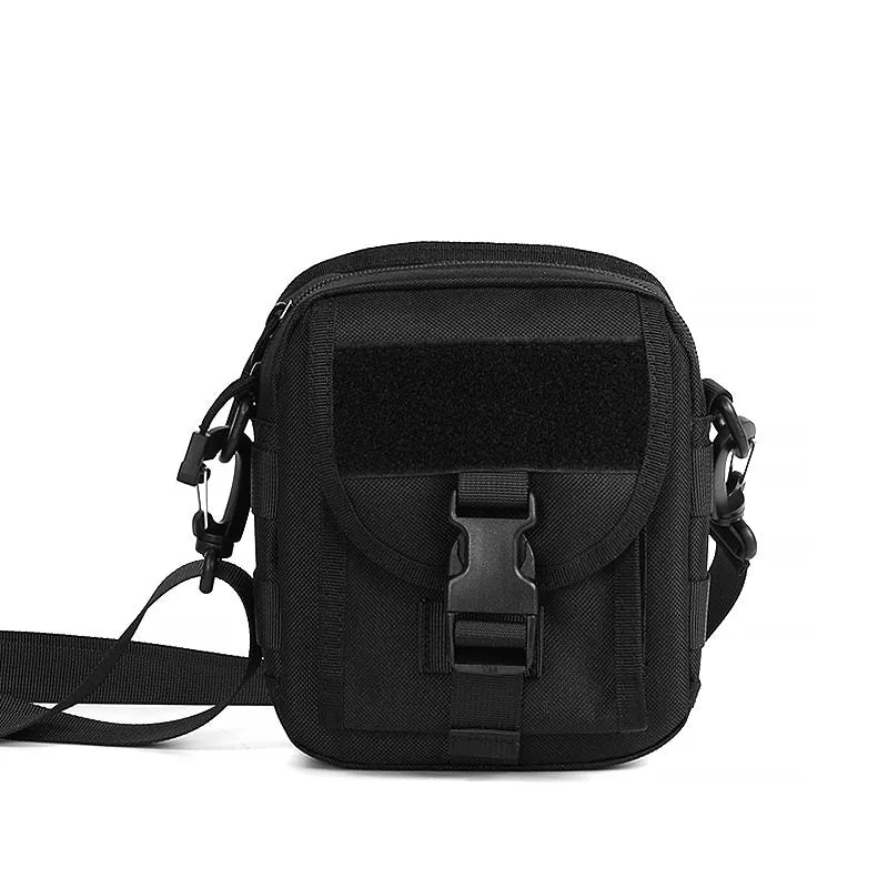 Wholesale Black Small Squared Removable Clip Shoulder Bag Mens Molle Phone Pouch Front Zipper Band Moto Biker Style Polyester