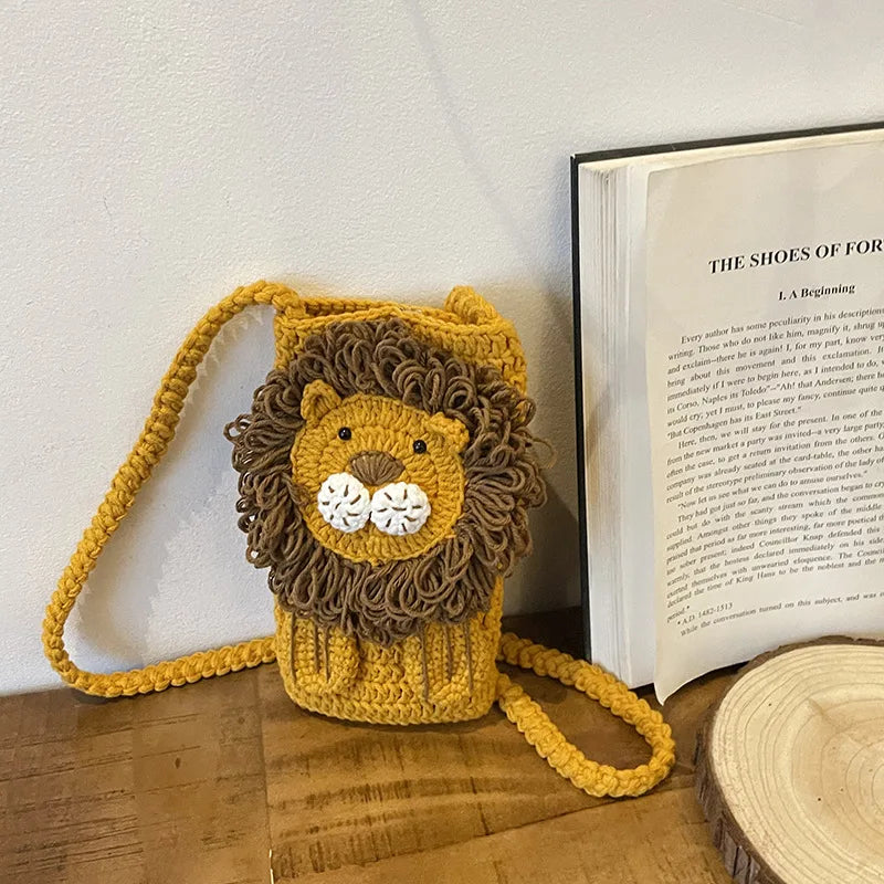 Handmade Crochet Lion Shape Crossbody Bag-3D Animal Knit Open Closure Fashion Spring Purse for Children/Women