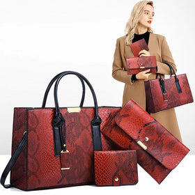 2022 Wholesale Red Snake Pattern Women Hand Bags Set Shoulder Tote 3pcs Purse Ladies Handbag