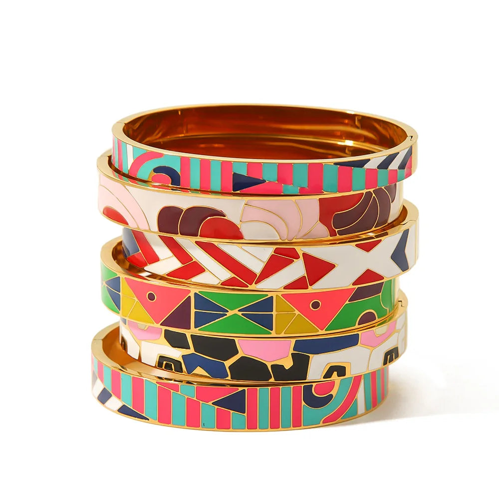 2025 New Design Color Painted Enamel Waterproof Stainless Steel Bracelet 18K Gold Plated Bangle Jewelry for Women