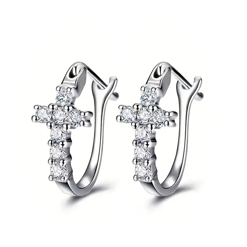 CAOSHI Simple Round Sparkling Cubic Zirconia Cross Shaped Design Earring for Silver/Gold/Rose Gold Plated CZ Hoop Earrings Women