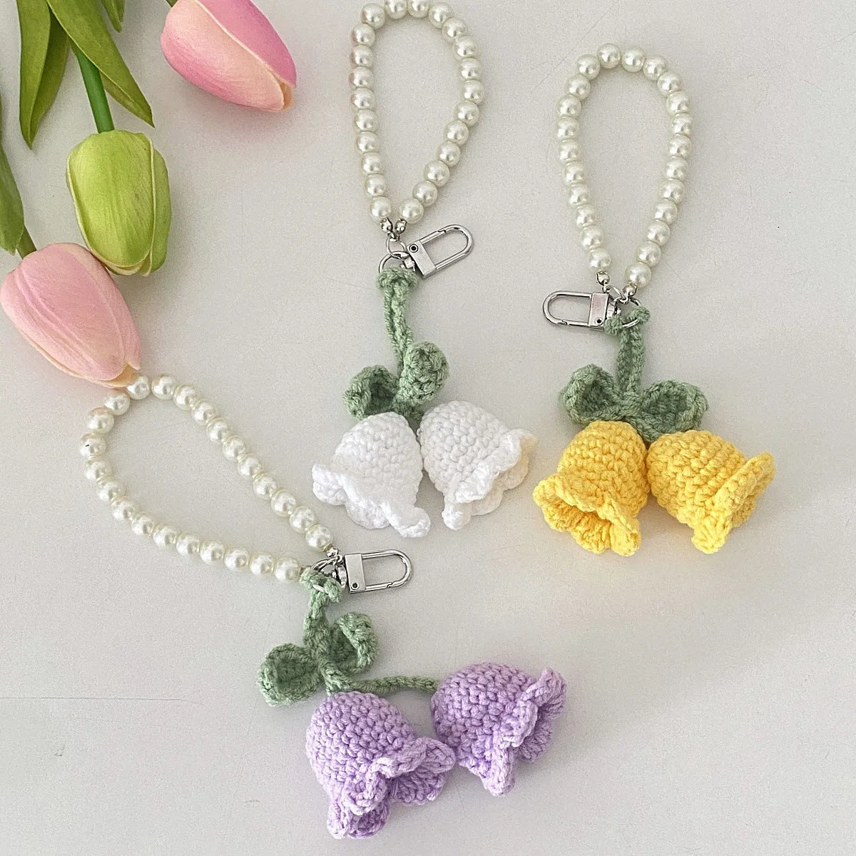 Wholesale Yarn Knitting Bell Orchid Keychain Bag Pendant Cute Jewelry Pearl Flower Handmade Crochet Bag Gift Keychain Pendant