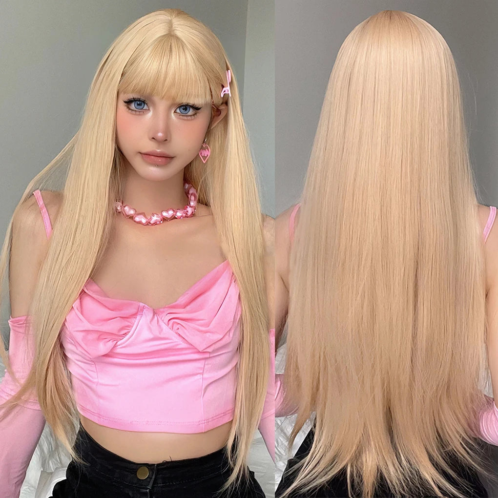 Factory Fast Delivery Long Straight Hair Wigs Light Blonde Cosplay Synthetic Wig with Bangs for Girls Hairs Heat Resistant