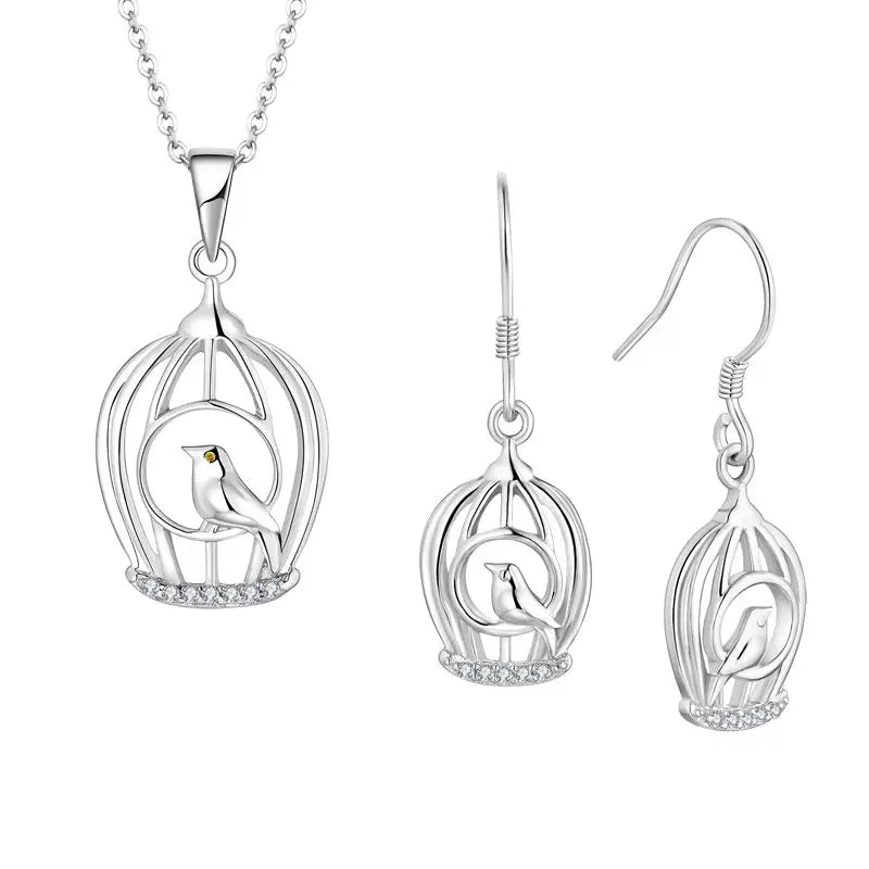 Cubic Zircon 925 Sterling Silver Plated Diamond Necklace Earring Wedding Jewelry Set Bird Cage Pendant Earrings