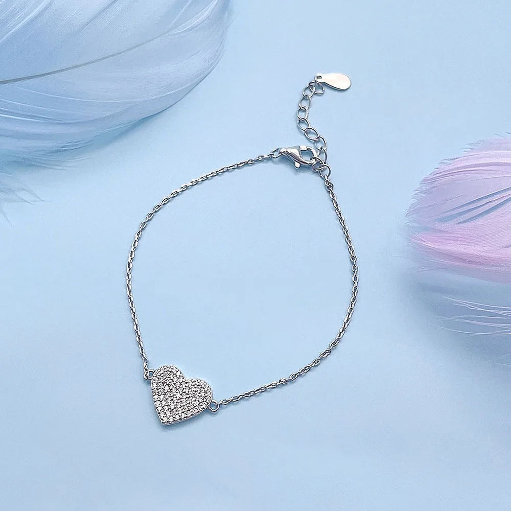 FOXI 925 Silver Zircon Bracelet Heart Shape 925 Sterling Silver Bracelet for Women