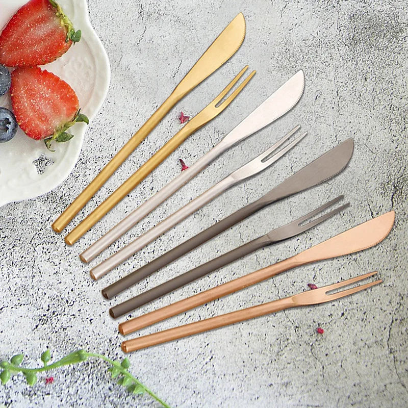 Korean 304 Stainless Steel Two Toothed Cake Mooncake Knife Fork Hotel Gold Dessert Fruit Fork for Home Use