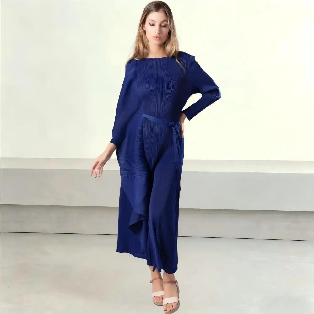 Custom Color Irregular Hem Miyake Pleated Maxi Dress OEM ODM Tie Waist Long Sleeve Hot Selling European Women Casual Party Dress