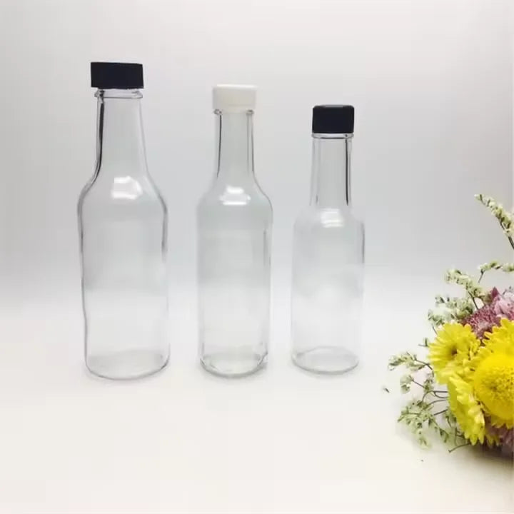 150ml Clear Glass Hot Sauce Bottle with 2oz Capacity and Black Screw Cap Leakproof Sealing Container for Chili Pepper Sauce