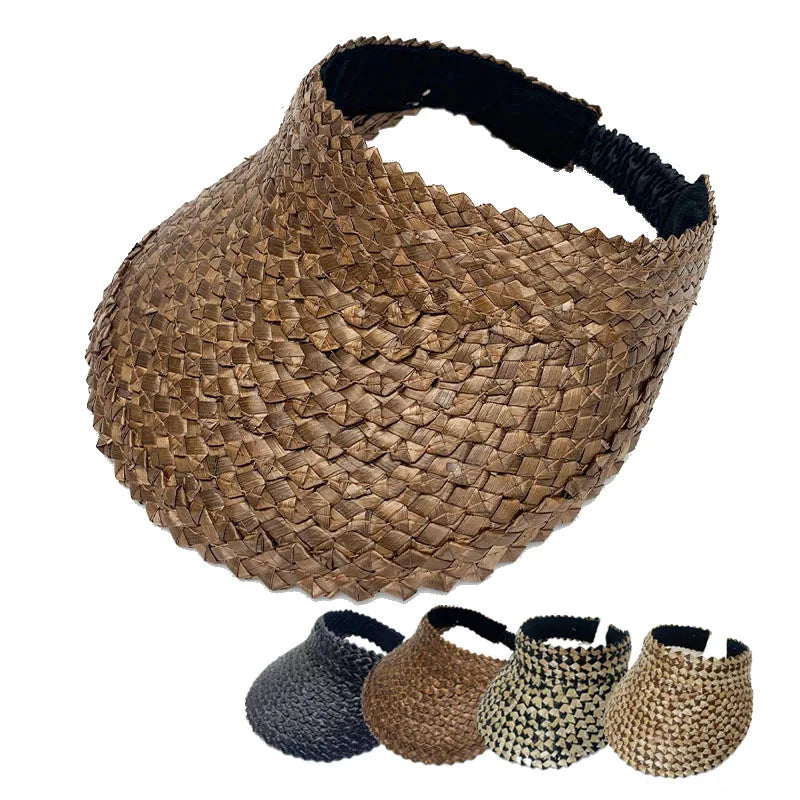 New Custom Embroidery Logo Unisex Handmade Raffia Straw Sun Visor Hat Summer Beach Travel Fishing