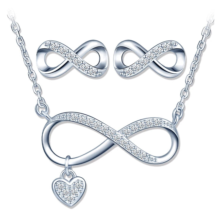 S925 Silver Infinity Earrings Necklace Set with Zircon for Women's Gifts Engagement Anniversary Jewelry