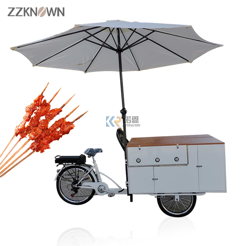 2024 Pedal Assist Electric Bike BBQ Grills Fast Food Carts Food Trailer Barbecue Street Dining Bicycle Snack Food Candy Chips
