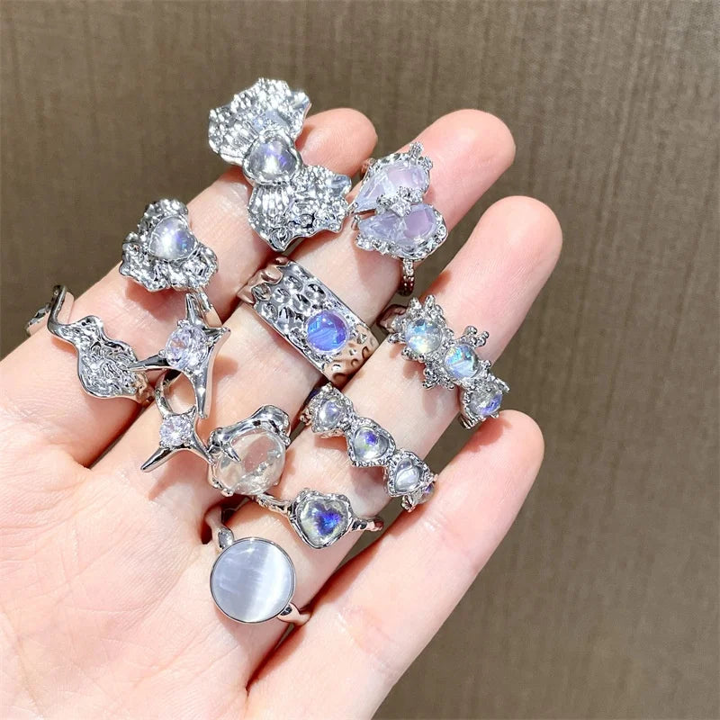 GT 2022 Korean Ring Hypoallergenic Waterproof Irregular Heart Moonstone Catstone Gemstone Ring Knuckle Ring Set