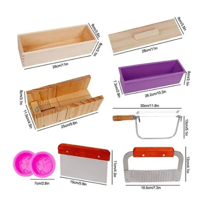 Soap Loaf Making Cutting Molds Kit With Silicone Mold + Wood Box + Wooden Cutter Mold + Straight Wavy Stainless Steel Cutters