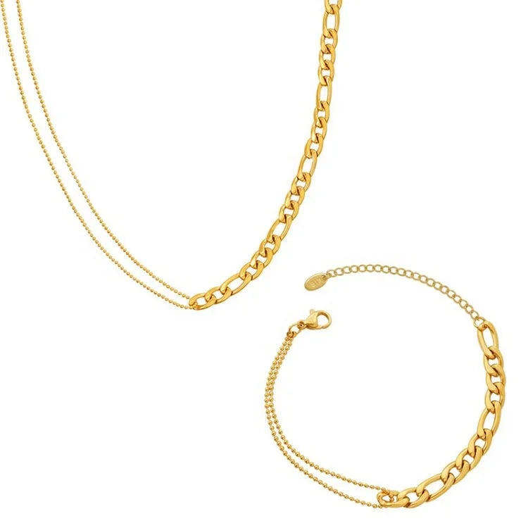 Luxury 18K Gold Stainless Steel Fashion Necklace and Bracelet Jewelry Sets Women