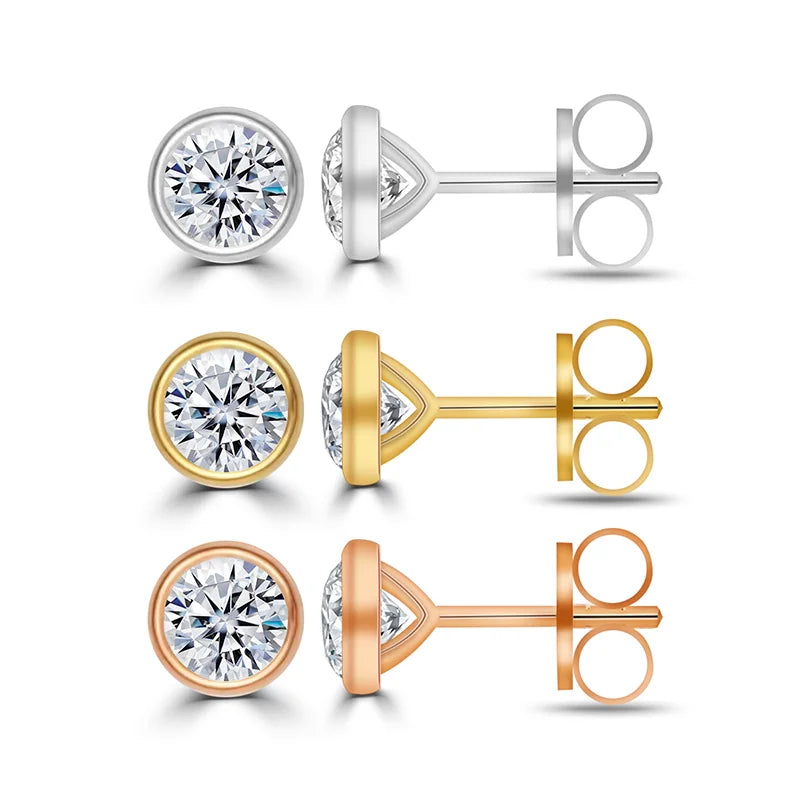 Starsgem 14K Gold Jewellery Earbob Bezel Setting Push Back Man Made Created Lab Grown Diamond Earrings
