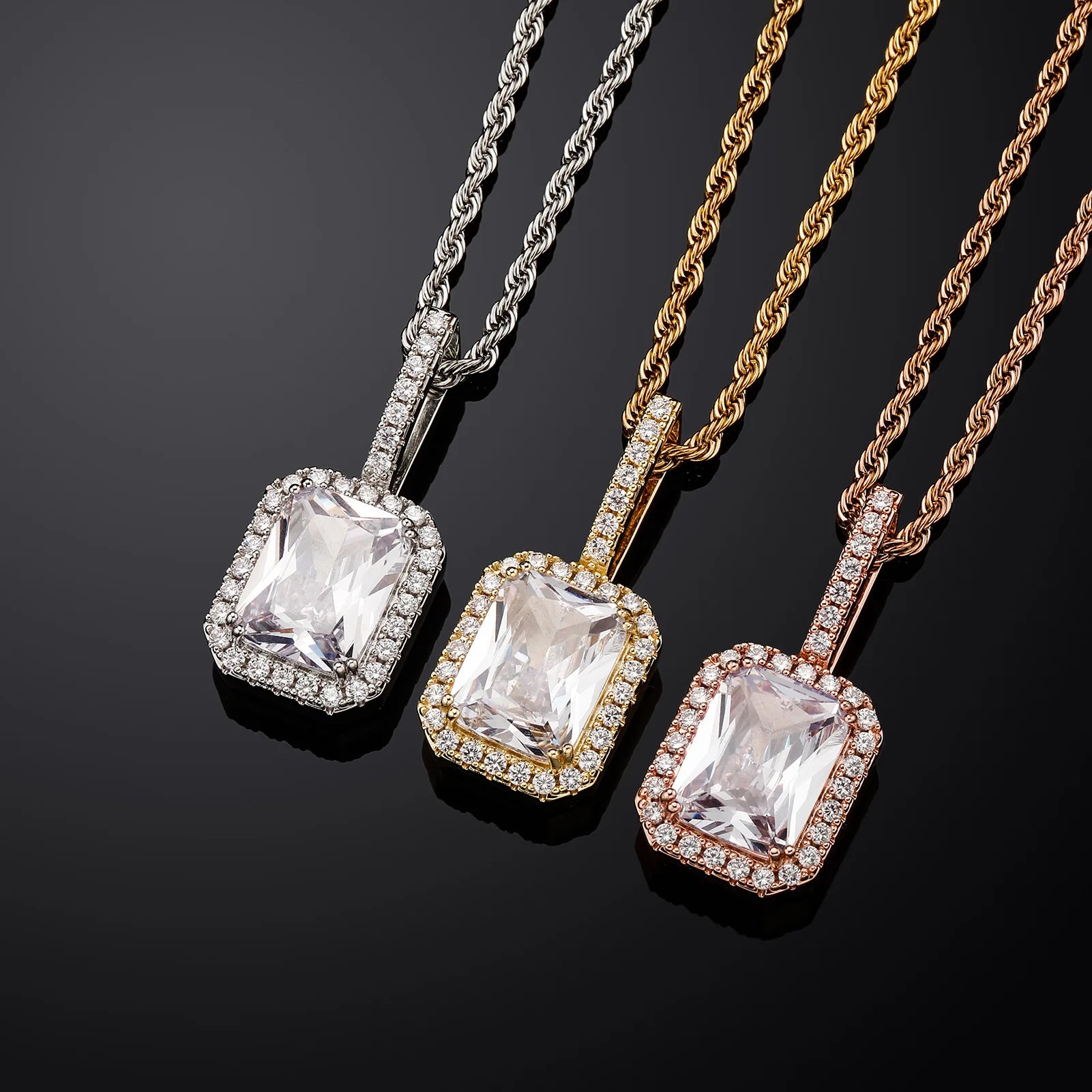 Hip-hop Large Zircon 18K Real Gold Plated Bling CZ Iced Out Square Gemstone Pendant Necklace for Women
