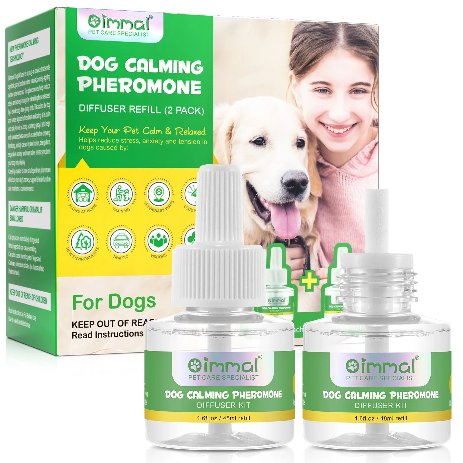 Oimmal 2 Pack 48ml Dog Calming Pheromone Diffuser Refill for Relieve Separation Anxiety Stress Barking and Chewing