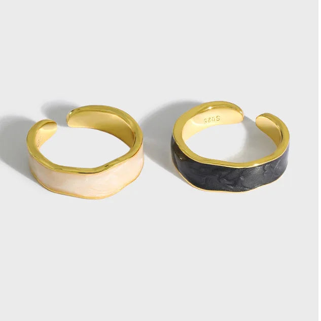 18K Gold Plated S925 Sterling Silver Irregular Black and White Glue Drop Open Adjustable Rings for Women