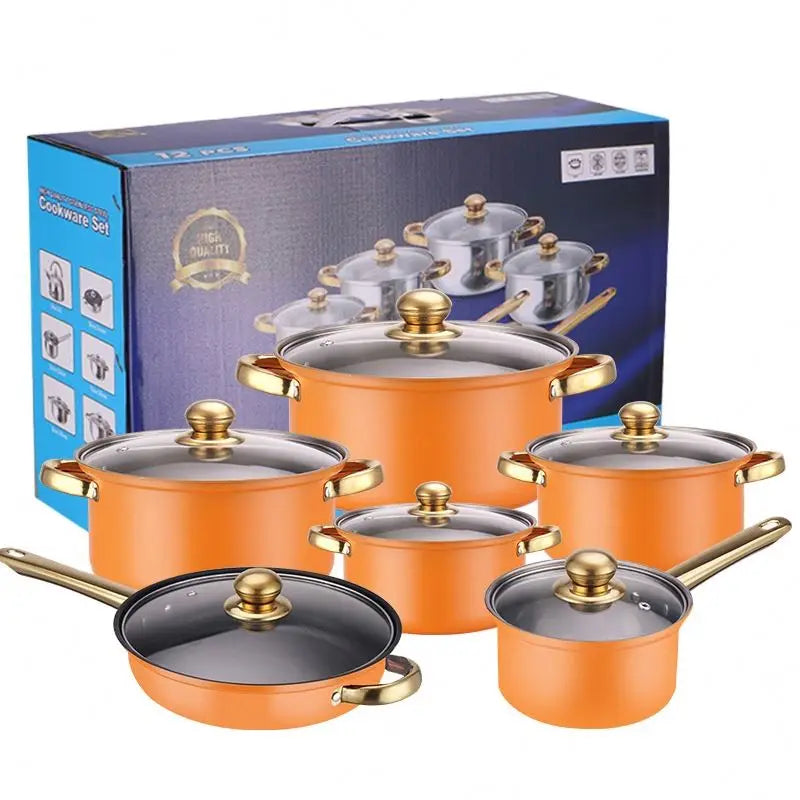 Factory Wholesale 12-Piece Export Colorful Stainless Steel Pot Non-Stick Pan Gold-Plated Handle Stainless Pots Set and Cookware