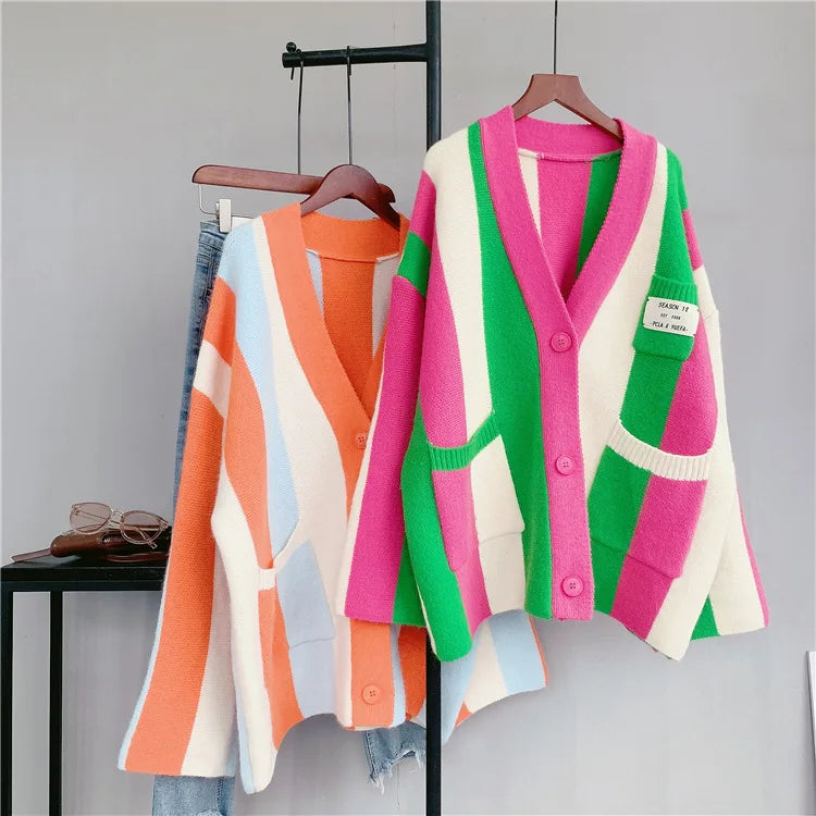 Winter Striped Loose Oversize Women's Knit Cardigan