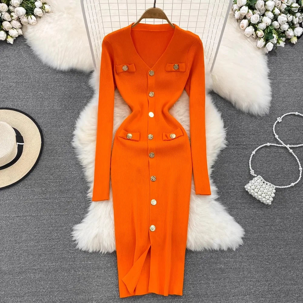 French socialite temperament V-neck single breasted dress Split hip knitted dress