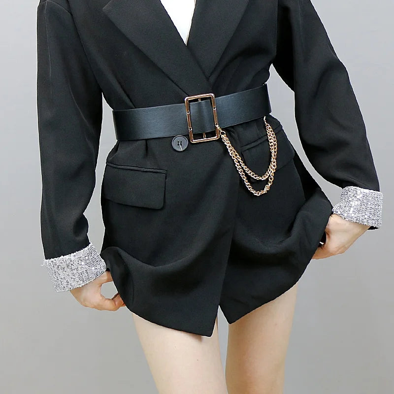 Women's Fashion Metal Chain PU Leather Belt with Alloy Buckle Wide Waist Seal Non-Perforated Accessories