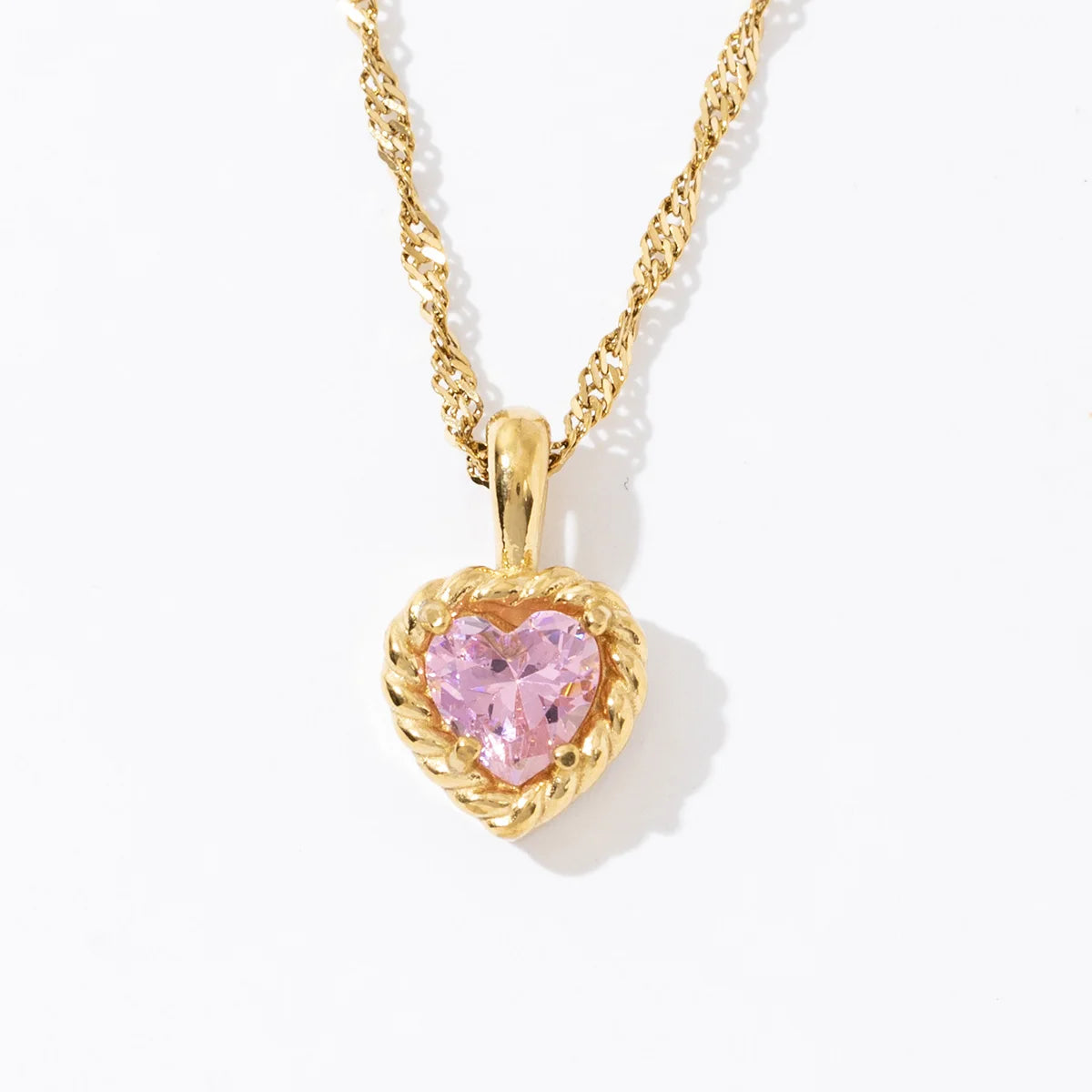 Korean Pink Heart Zircon Design 18K Gold Plated Stainless Steel Chain Twist Love Pendant Necklace