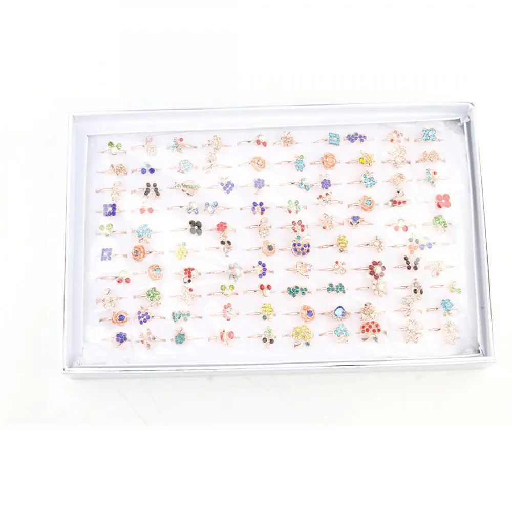 Flower Rhinestone Rings Box Set Zinc Alloy Adjustable Ring for Woman Mixed Colors 17mm 100PCs/Box