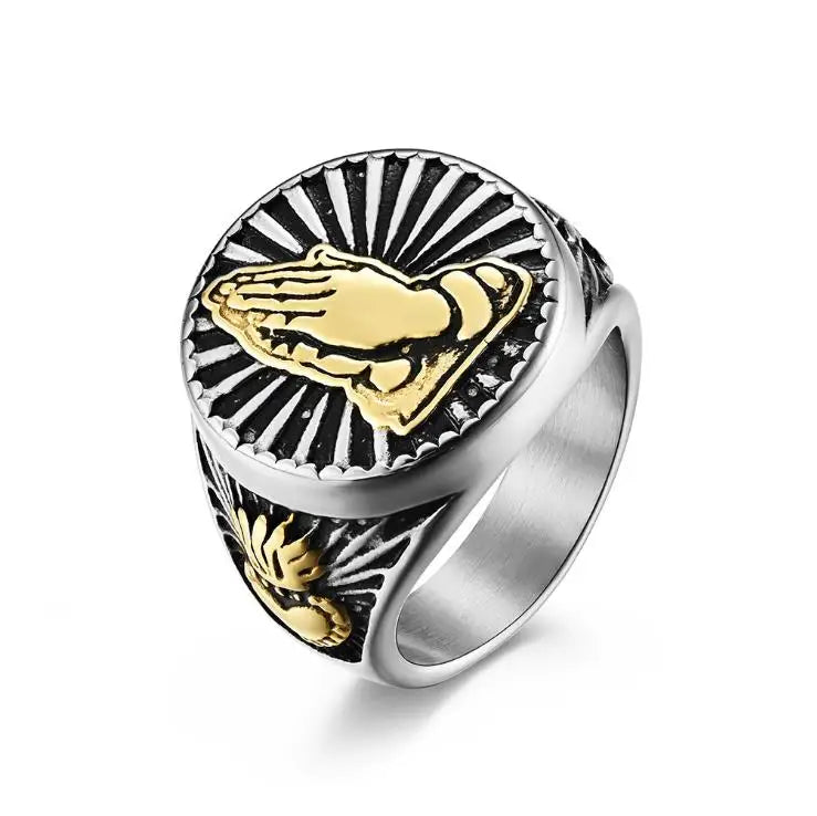 Moge Jewelry Anillo Para Hombre in Stock Retro Two Tones Praying Hands  Stainless Steel Plated 18K Gold Bless Ring for Men