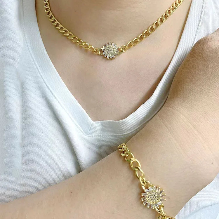 S11084 Wholesale Gold Plated Cz Diamond Micro Pave Gemstone Star Round Flower Bracelet Necklace Jewelry Set